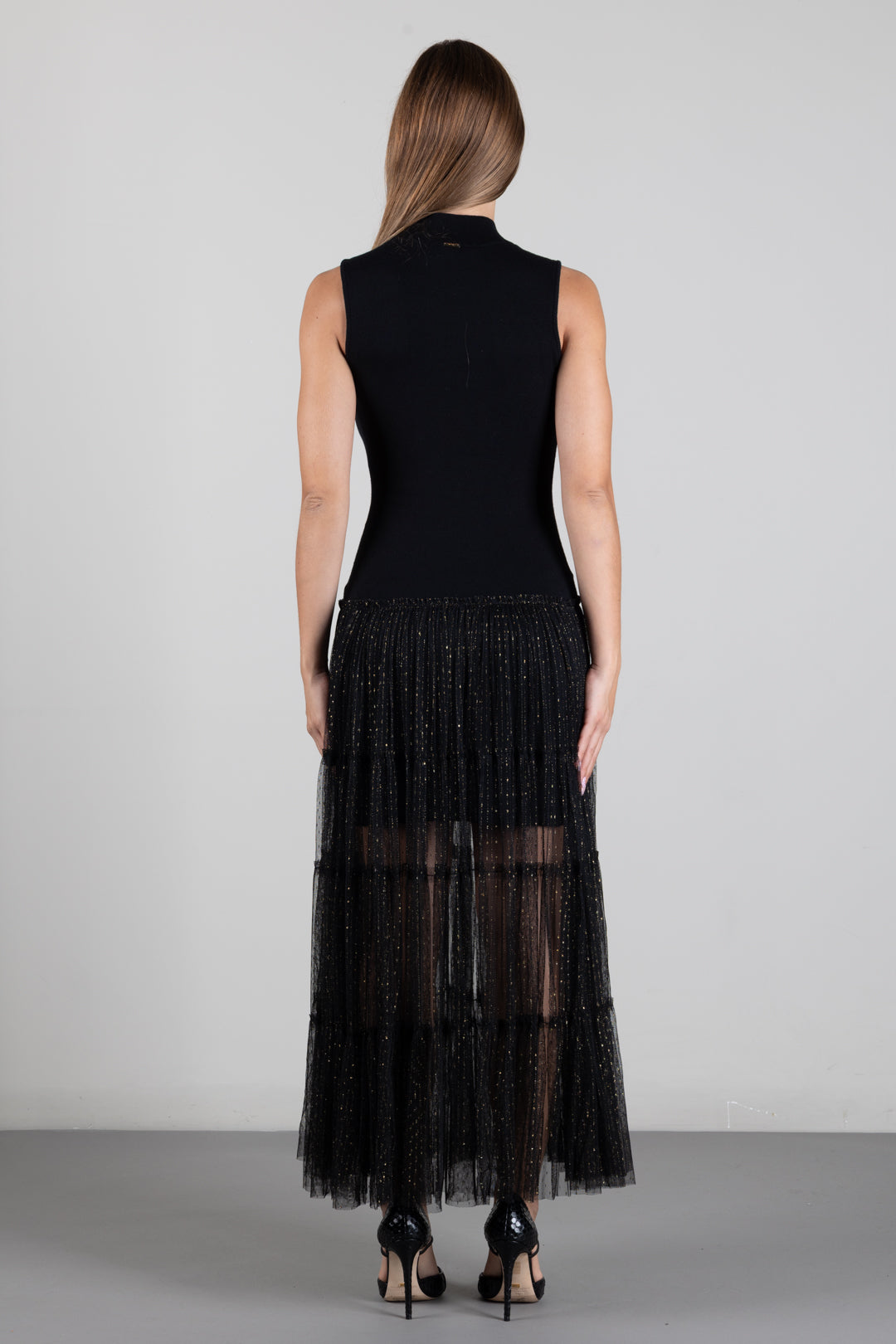 Twin-set Abito Lungo In Maglia con Gonna In Tulle Plumetis Lurex 262TT3421 NERO