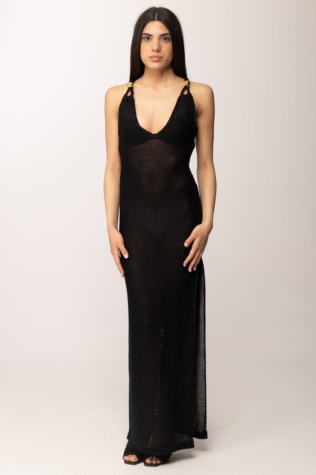 Elisabetta Franchi Abito Lungo In Maglia con Incroci Sul Retro AM48T63E2 NERO