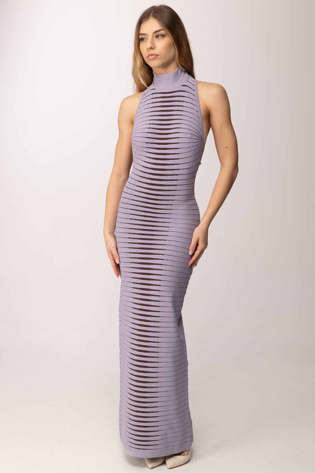 Elisabetta Franchi Abito Lungo In Maglia con Zebra Jacquard AM98S61E2 LILLA/CACAO