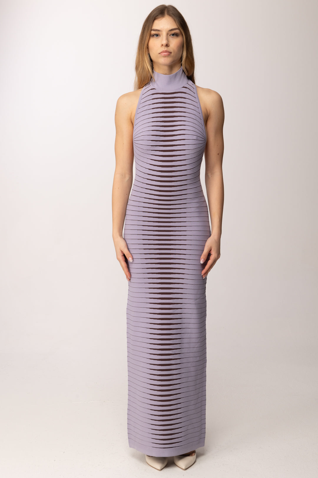 Elisabetta Franchi Abito Lungo In Maglia con Zebra Jacquard AM98S61E2 LILLA/CACAO