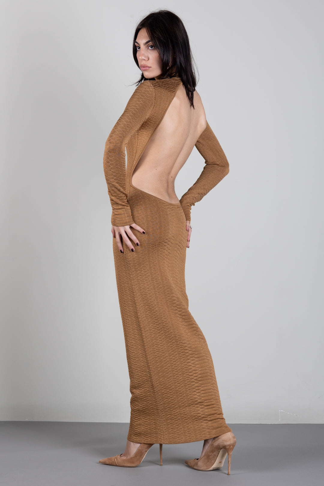Elisabetta Franchi Abito Lungo In Maglia Jacquard con Schiena Scoperta AM31S67E2 DAINO