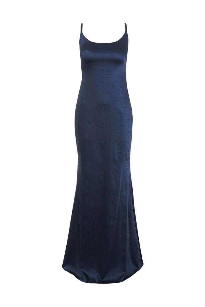 Elisabetta Franchi Abito Lungo In Raso Jacquard con Spalline Sottili ABR0567E2 BLU NOTTE