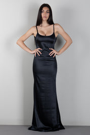 Elisabetta Franchi Abito Lungo In Raso Jacquard con Spalline Sottili ABR0567E2 NERO