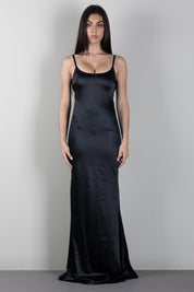 Elisabetta Franchi Abito Lungo In Raso Jacquard con Spalline Sottili ABR0567E2 NERO