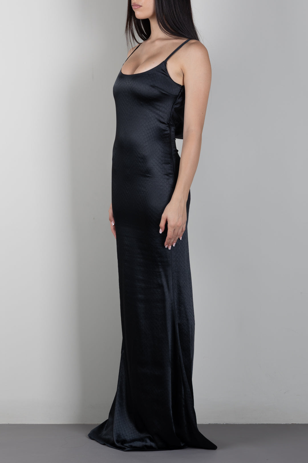 Elisabetta Franchi Abito Lungo In Raso Jacquard con Spalline Sottili ABR0567E2 NERO