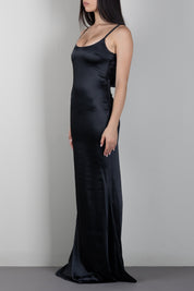 Elisabetta Franchi Abito Lungo In Raso Jacquard con Spalline Sottili ABR0567E2 NERO