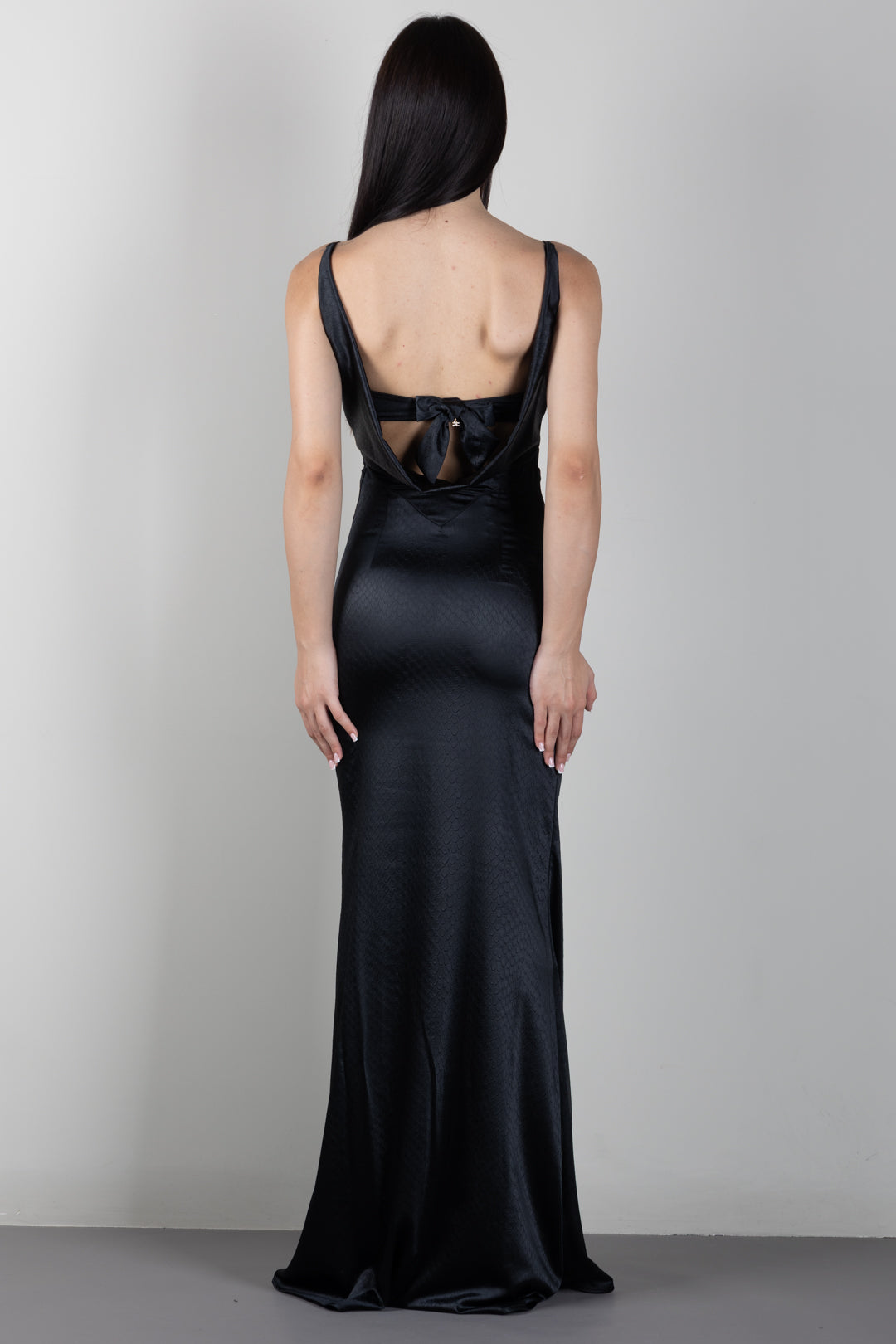 Elisabetta Franchi Abito Lungo In Raso Jacquard con Spalline Sottili ABR0567E2 NERO