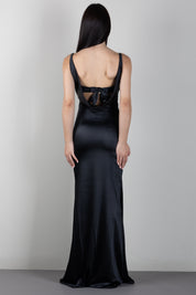 Elisabetta Franchi Abito Lungo In Raso Jacquard con Spalline Sottili ABR0567E2 NERO