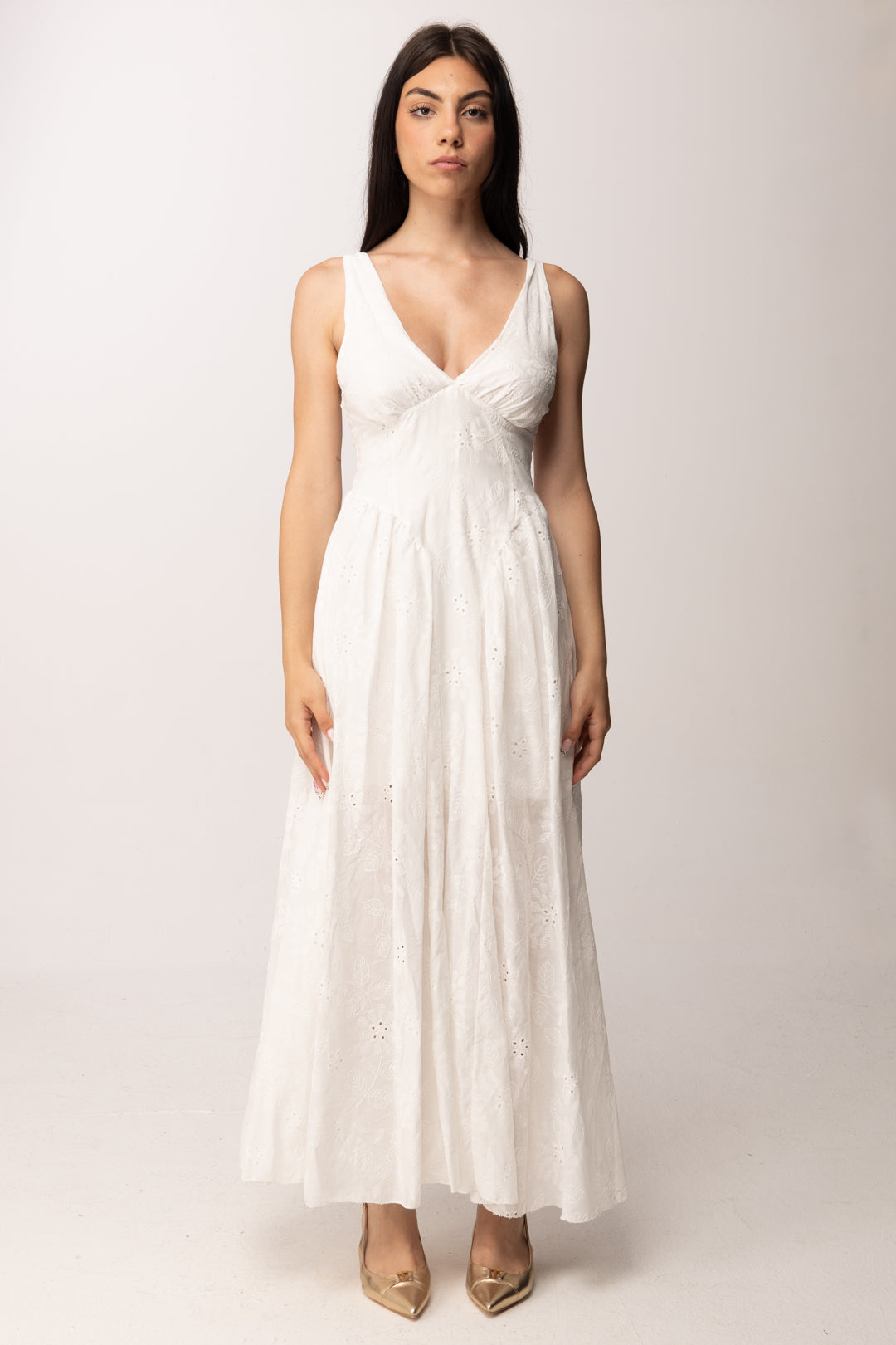 Khloe Femme Abito Lungo In Sangallo con Scollo a V 53797 BIANCO