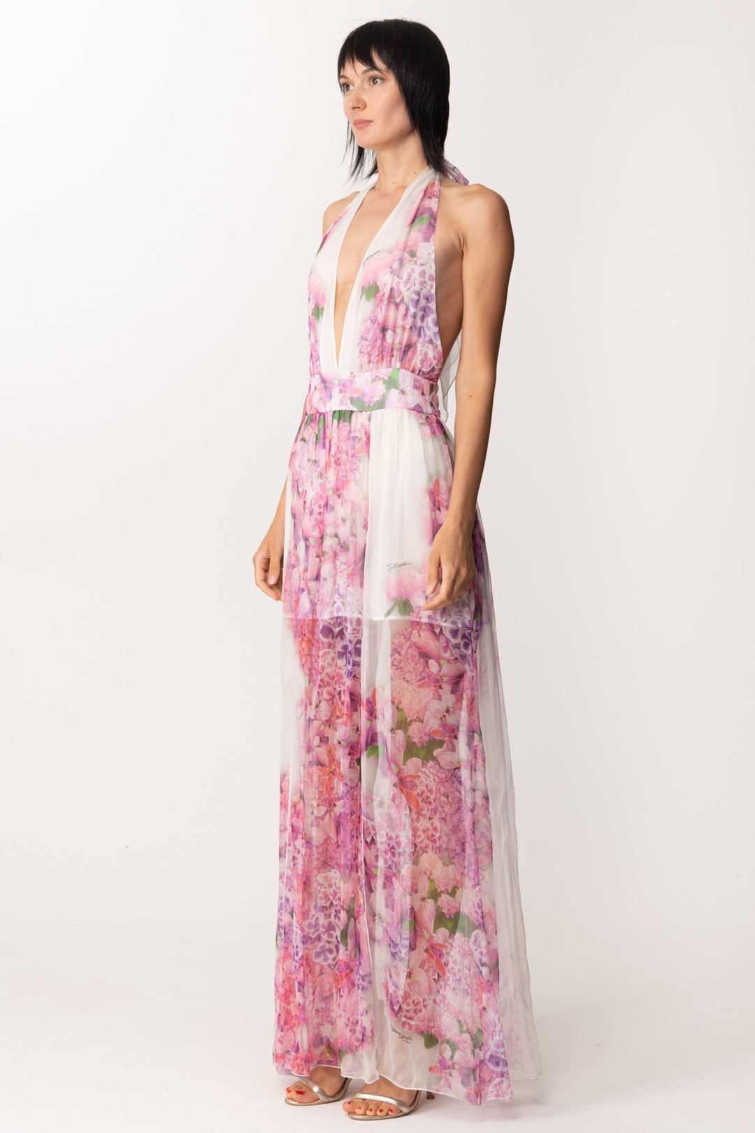 Just Cavalli Woman Long Dress in Tulle Floral Print S04CT1230 White Variant  – Khloefemme