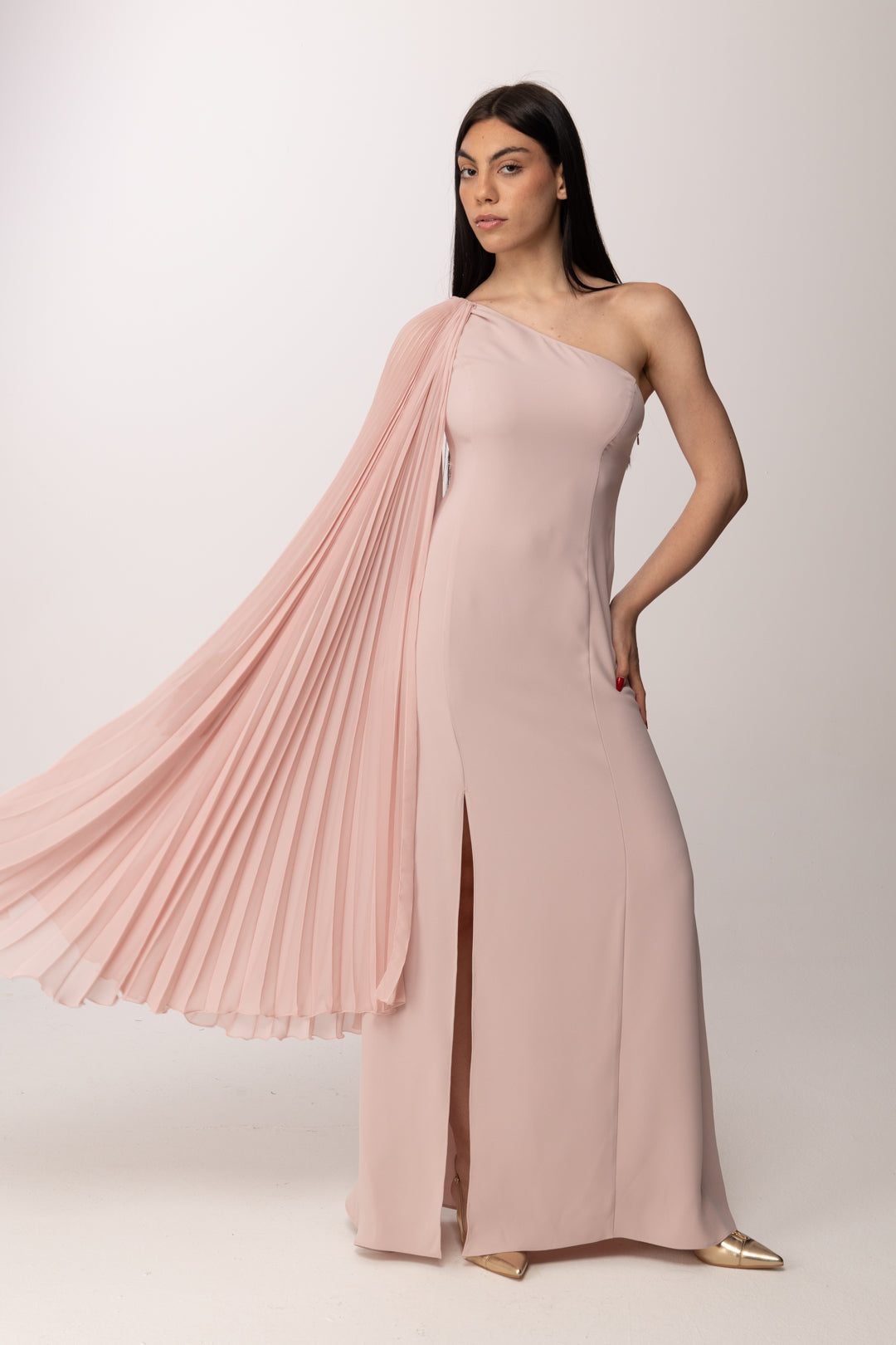 Hanita Abito Lungo Monospalla con Drappeggio Plissé H.V3856.4651 NUDE