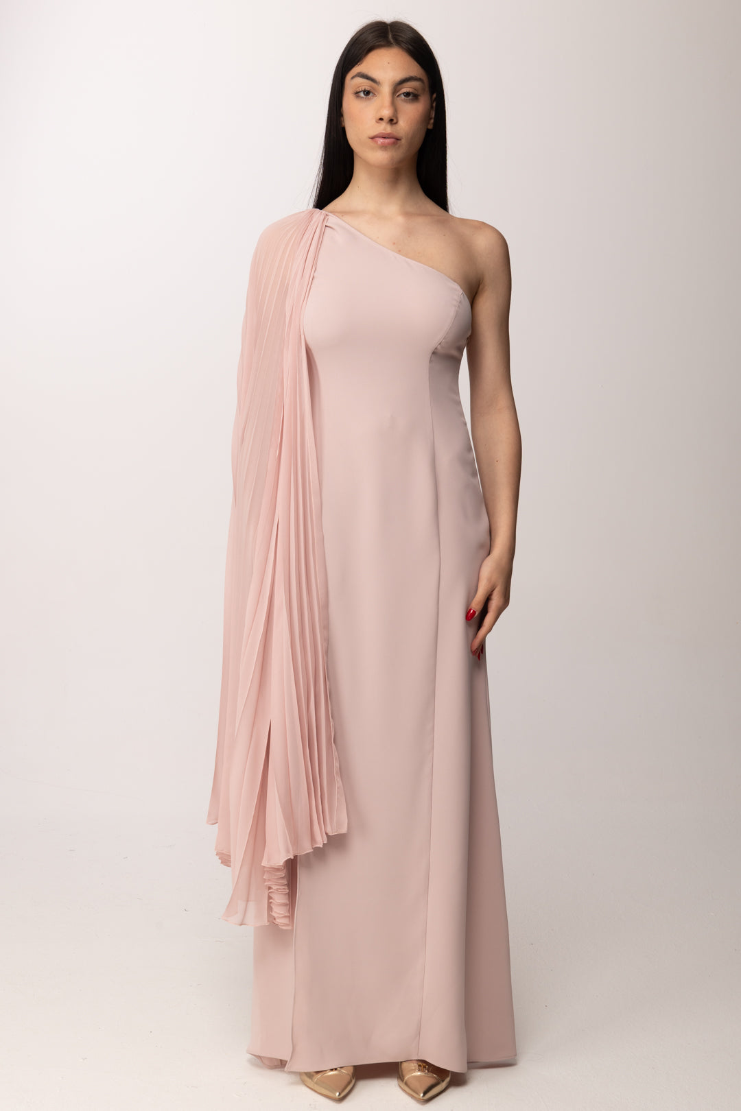 Hanita Abito Lungo Monospalla con Drappeggio Plissé H.V3856.4651 NUDE