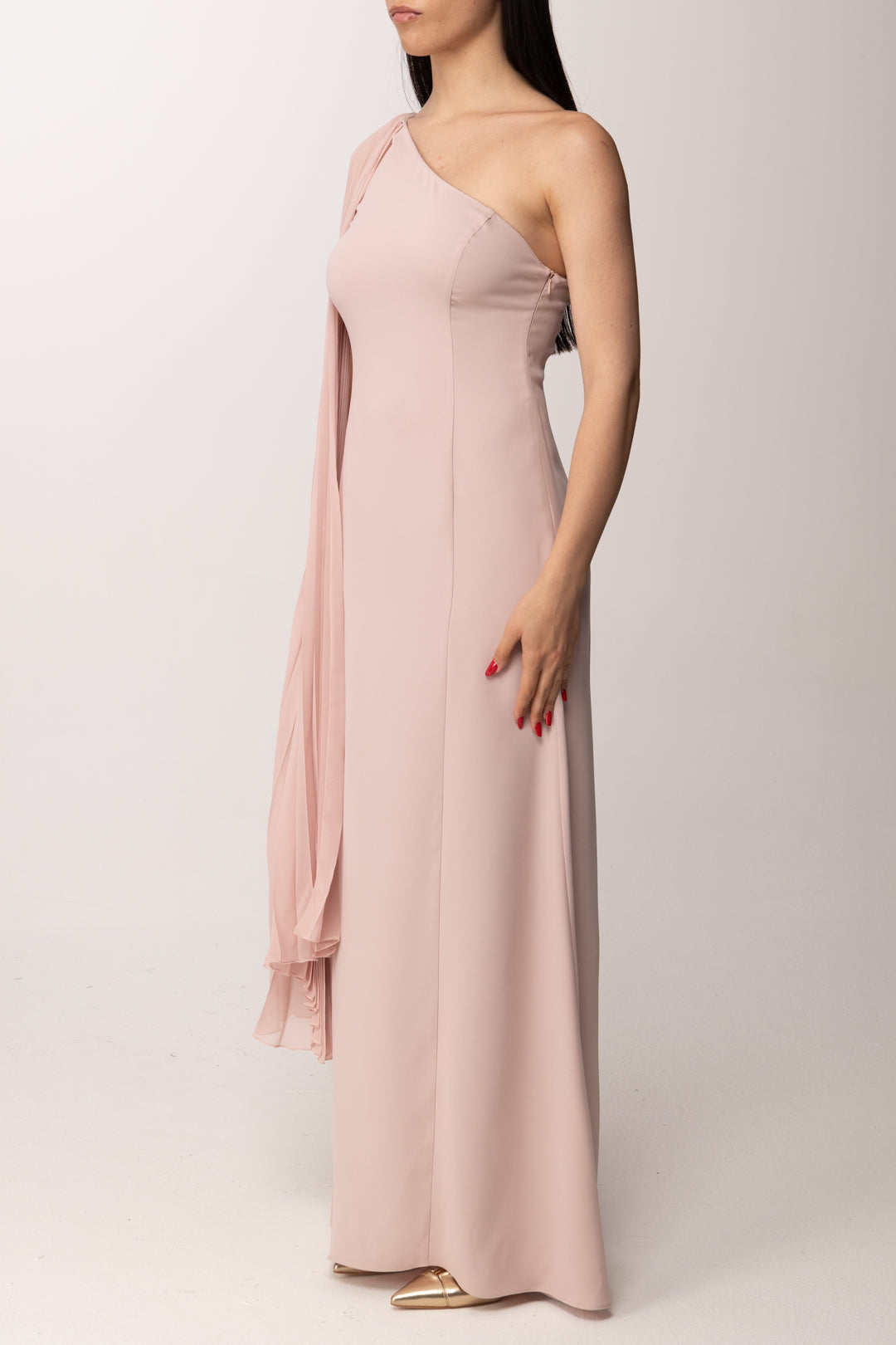 Hanita Abito Lungo Monospalla con Drappeggio Plissé H.V3856.4651 NUDE