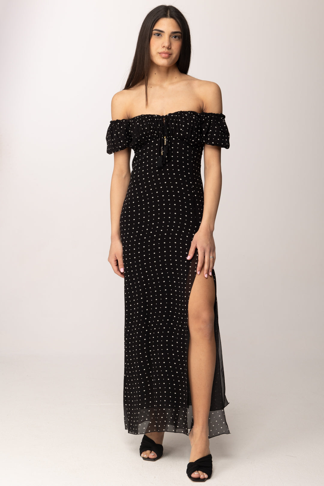 Hanita Abito Lungo Off Shoulder a Pois H.V3804.4588 NERO