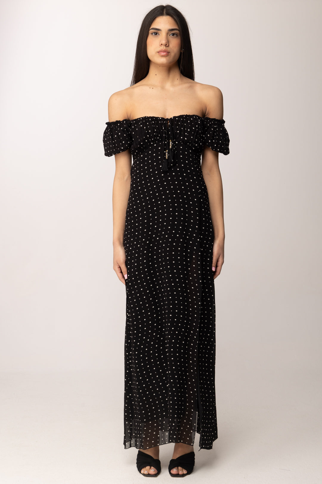 Hanita Abito Lungo Off Shoulder a Pois H.V3804.4588 NERO