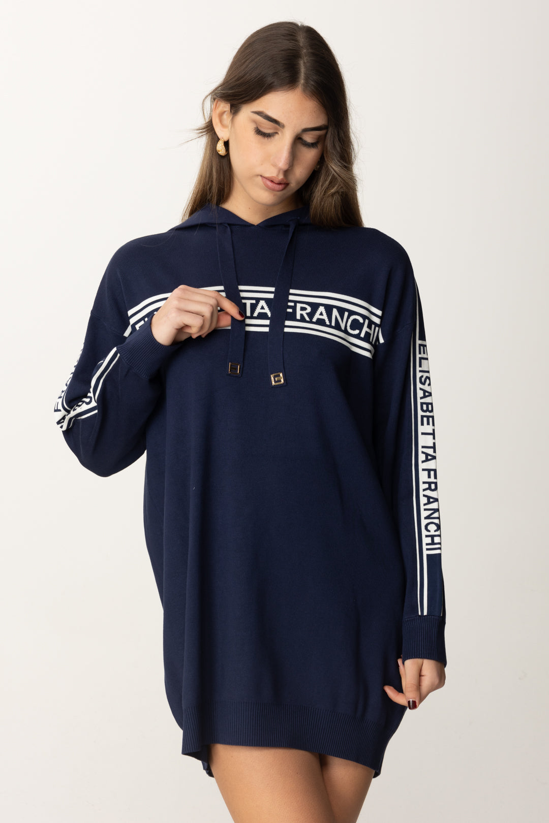 Elisabetta Franchi Abito Maxi Felpa In Viscosa con Cappuccio AM73S51E2 OLTREMARE/AVORIO