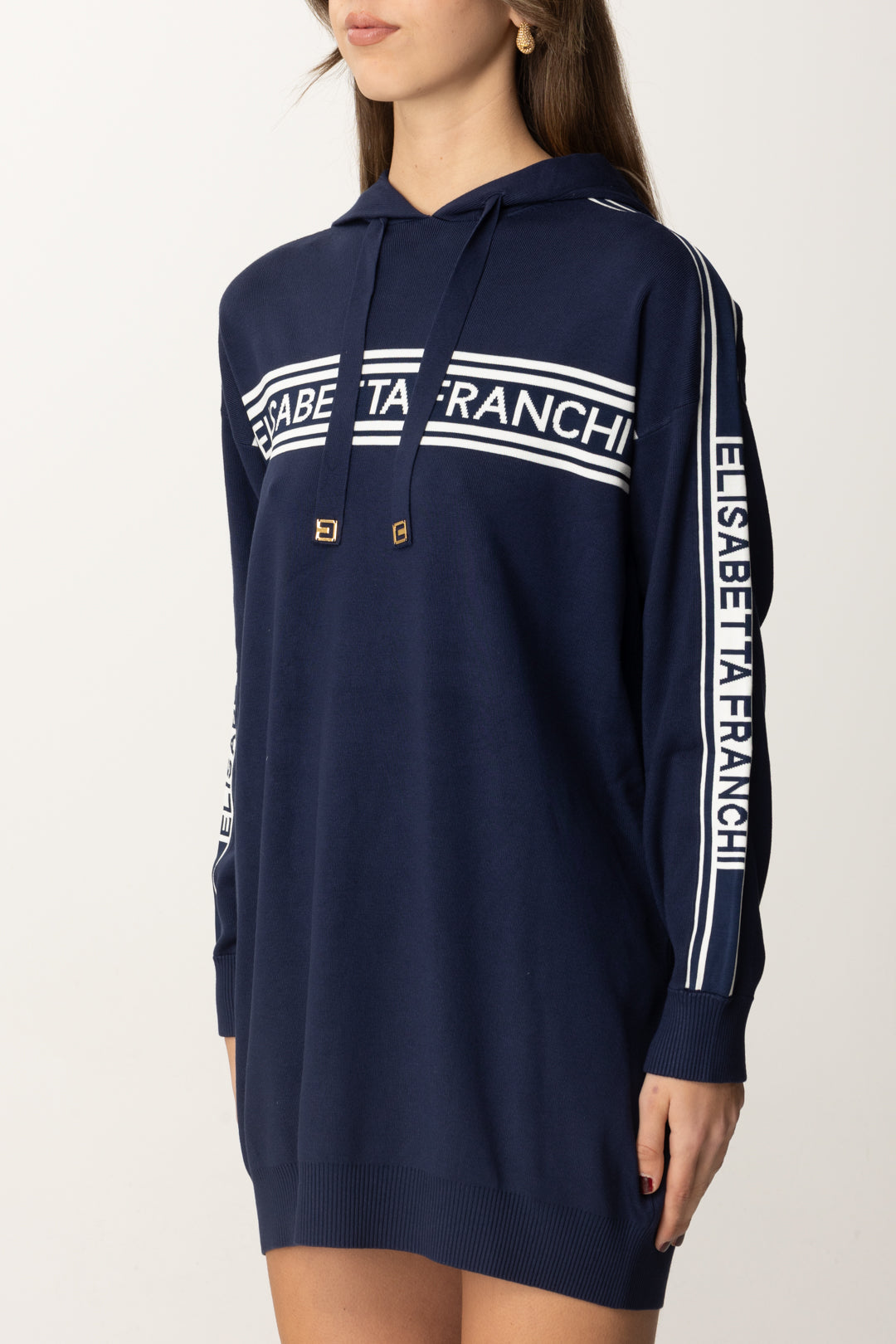 Elisabetta Franchi Abito Maxi Felpa In Viscosa con Cappuccio AM73S51E2 OLTREMARE/AVORIO