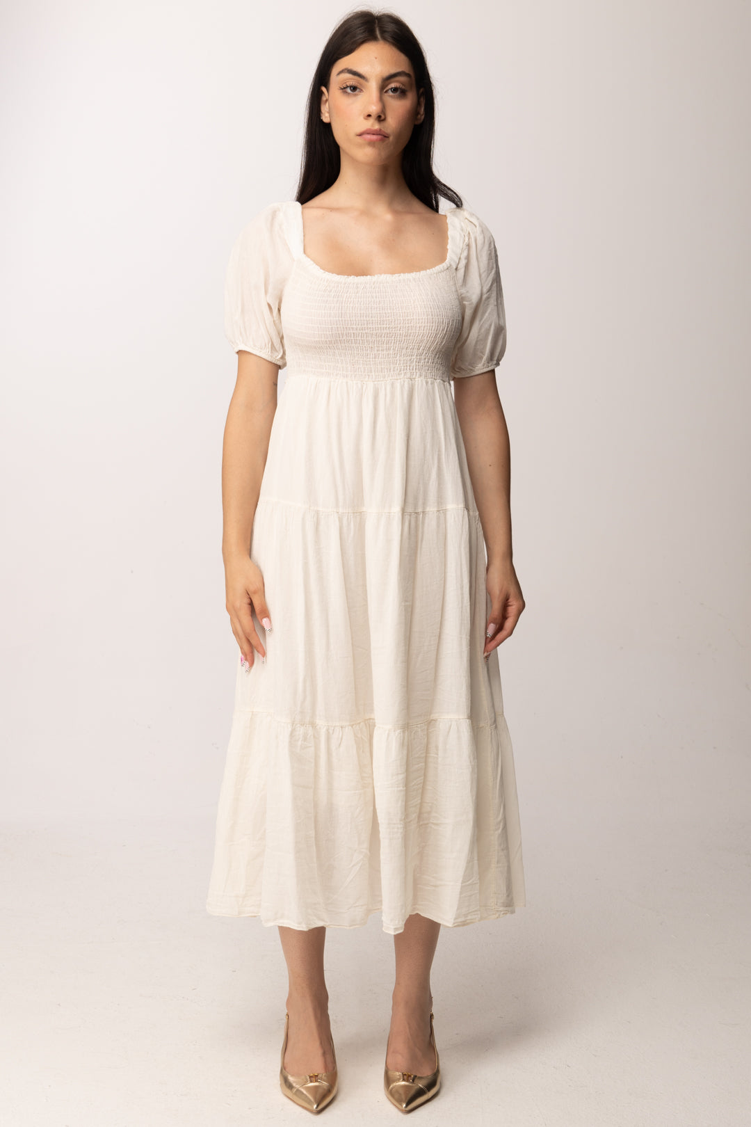 Khloe Femme Abito midi con corpetto arricciato A7715-M2 PANNA