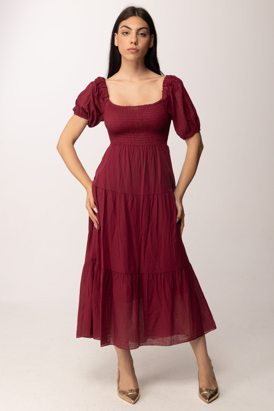 Khloe Femme Abito midi con corpetto arricciato A7715-M2 VINO