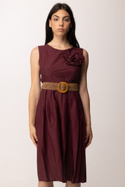 Khloe Femme Abito Midi con Fiore Applicato e Cintura Intrecciata H3932-C3 BORDEAUX