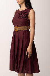 Khloe Femme Abito Midi con Fiore Applicato e Cintura Intrecciata H3932-C3 BORDEAUX