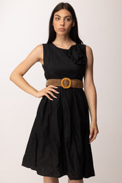 Khloe Femme Abito Midi con Fiore Applicato e Cintura Intrecciata H3932-C3 NERO