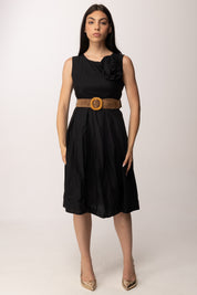Khloe Femme Abito Midi con Fiore Applicato e Cintura Intrecciata H3932-C3 NERO