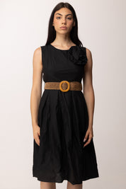 Khloe Femme Abito Midi con Fiore Applicato e Cintura Intrecciata H3932-C3 NERO