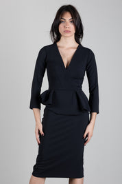 Elisabetta Franchi Abito Midi con Peplum e Scollo a V AB01067E2 NERO
