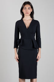 Elisabetta Franchi Abito Midi con Peplum e Scollo a V AB01067E2 NERO