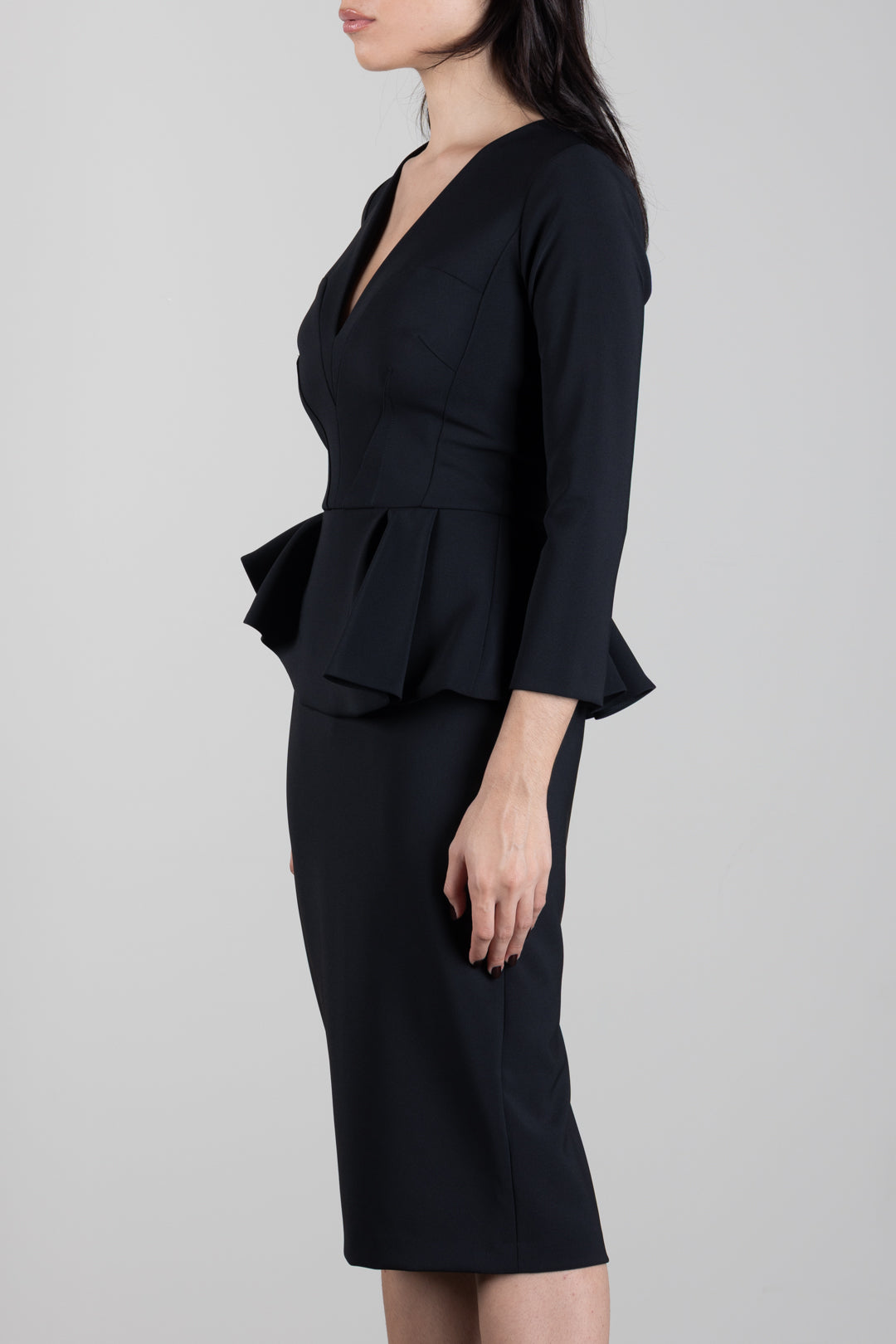 Elisabetta Franchi Abito Midi con Peplum e Scollo a V AB01067E2 NERO