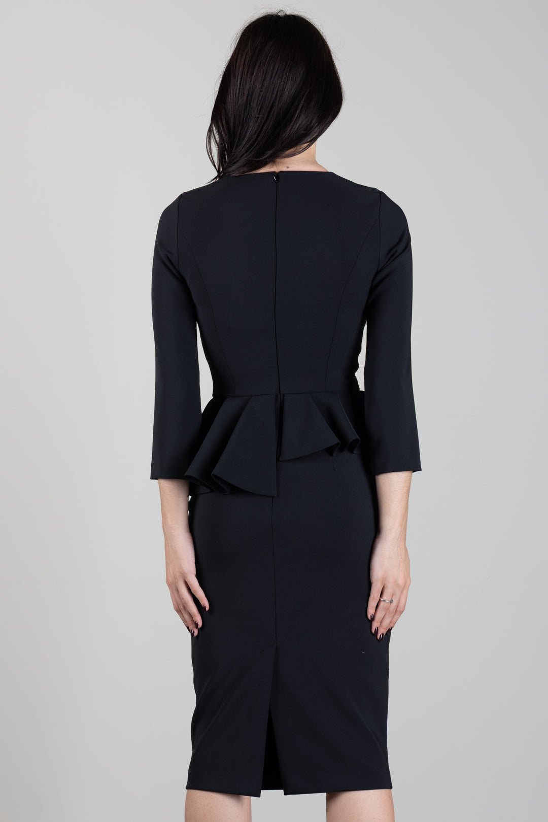 Elisabetta Franchi Abito Midi con Peplum e Scollo a V AB01067E2 NERO