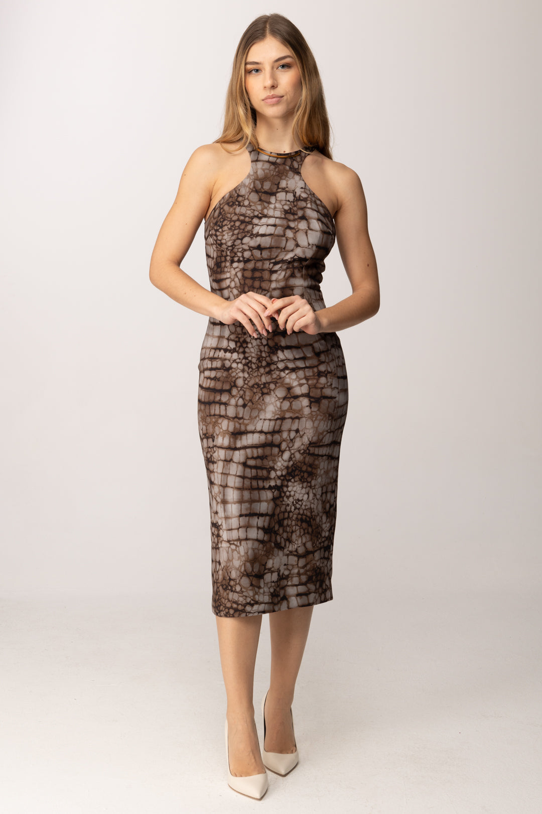 Elisabetta Franchi Abito Midi con Stampa Animalier e Scollo All’americana AB89161E2 CACAO