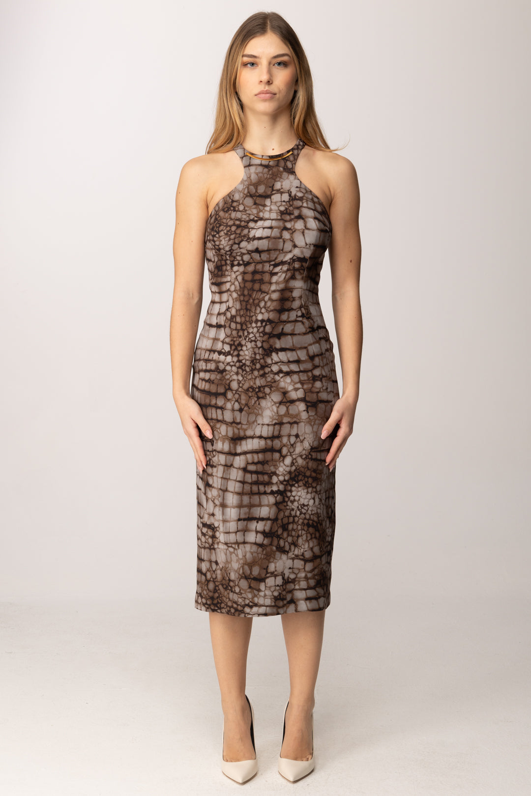 Elisabetta Franchi Abito Midi con Stampa Animalier e Scollo All’americana AB89161E2 CACAO