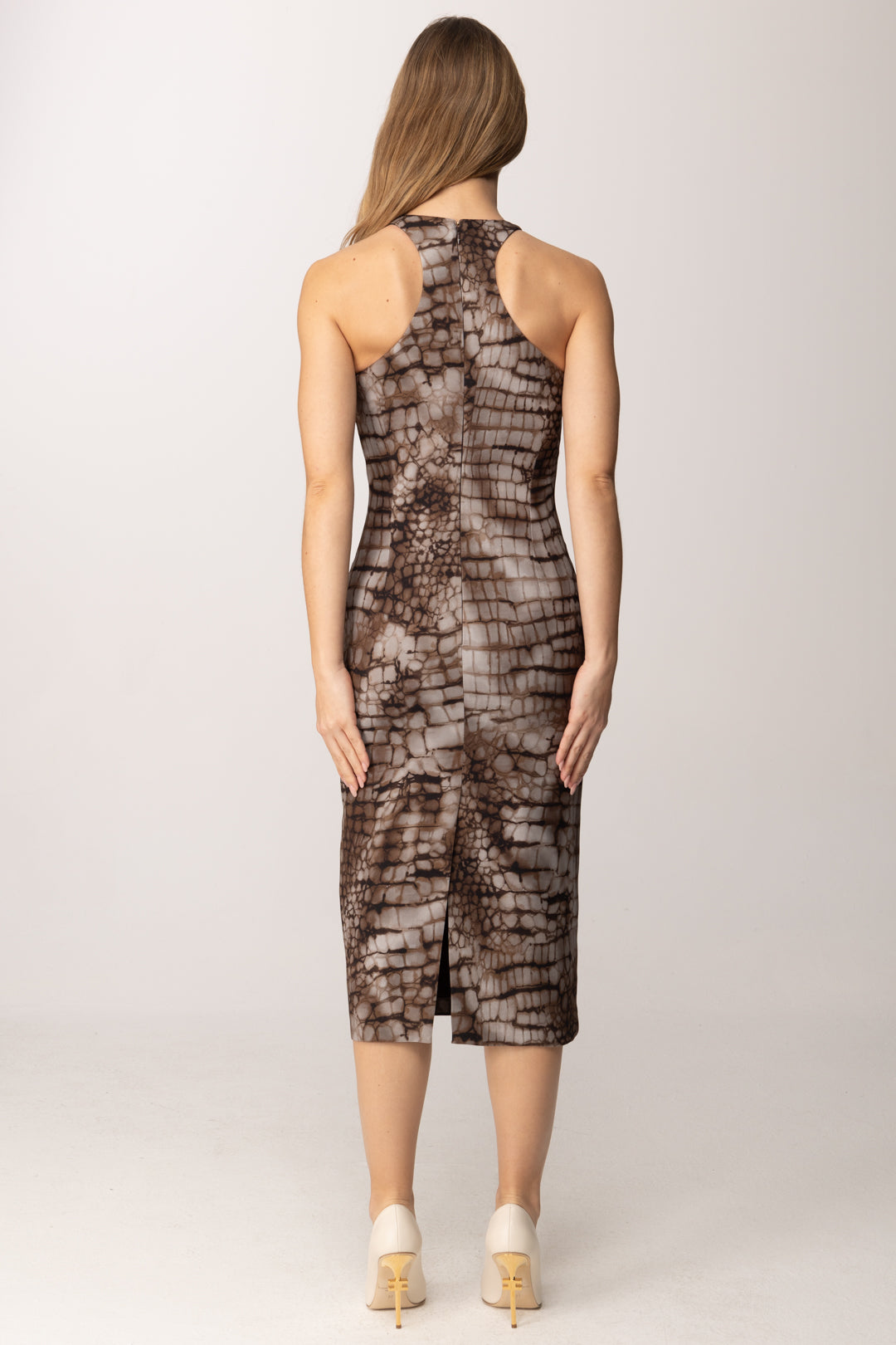 Elisabetta Franchi Abito Midi con Stampa Animalier e Scollo All’americana AB89161E2 CACAO