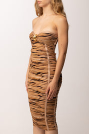 Elisabetta Franchi Abito Midi Drappeggiato con Stampa Tigre AB94562E2 CAMMELLO