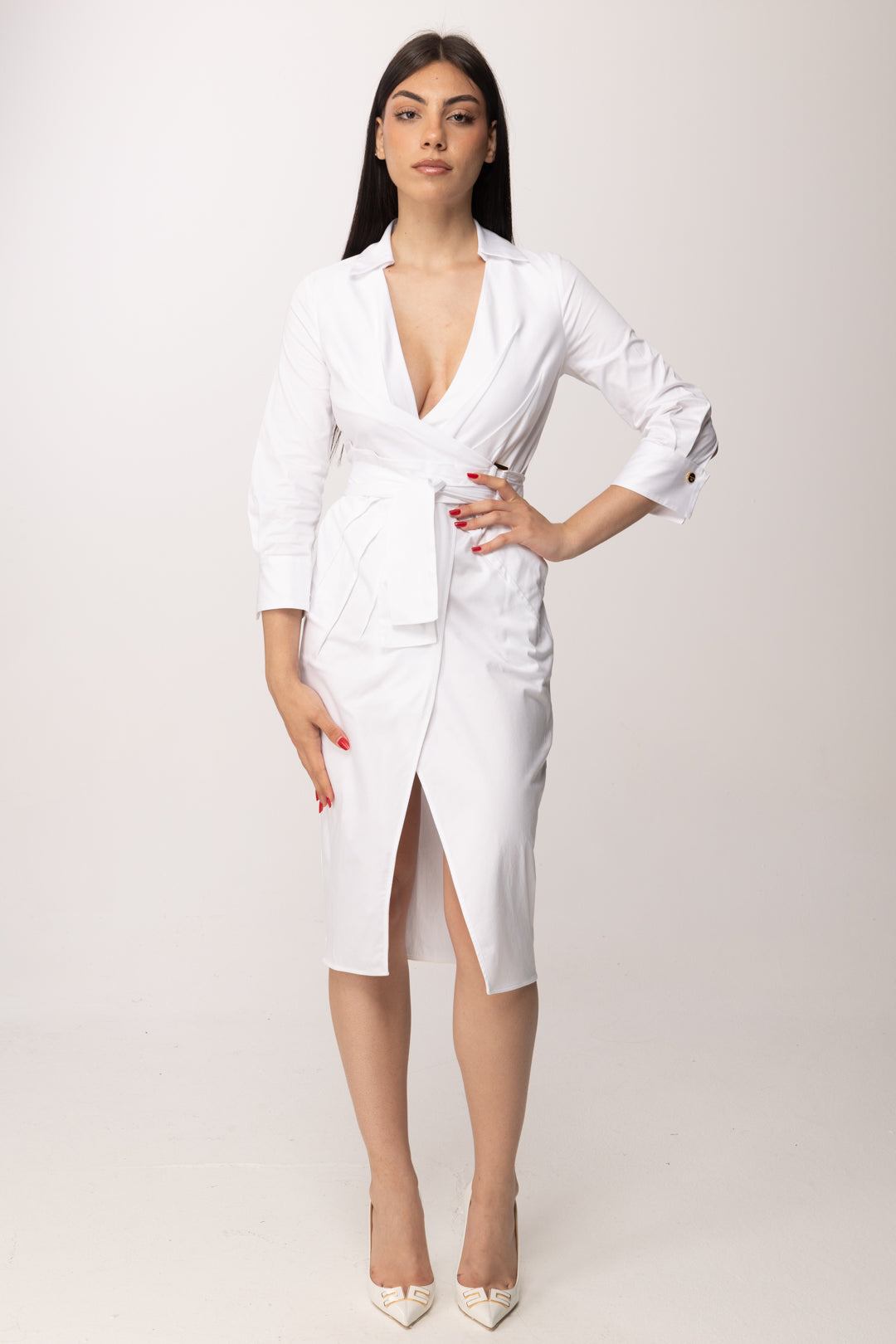 Elisabetta Franchi Abito Midi In Cotone Stretch con Fusciacca AB95562E2 AVORIO