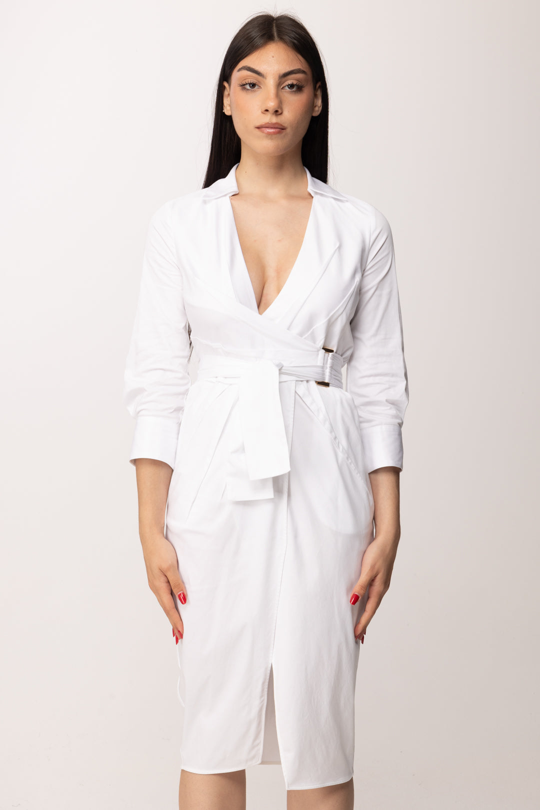 Elisabetta Franchi Abito Midi In Cotone Stretch con Fusciacca AB95562E2 AVORIO