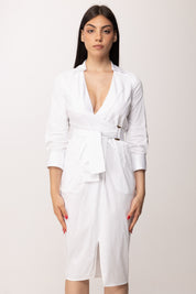 Elisabetta Franchi Abito Midi In Cotone Stretch con Fusciacca AB95562E2 AVORIO