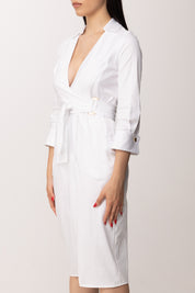 Elisabetta Franchi Abito Midi In Cotone Stretch con Fusciacca AB95562E2 AVORIO