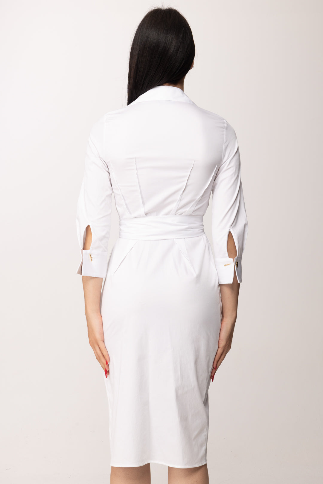 Elisabetta Franchi Abito Midi In Cotone Stretch con Fusciacca AB95562E2 AVORIO