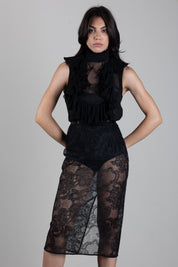Elisabetta Franchi Abito Midi In Georgette e Pizzo con Ruches AB03567E2 NERO