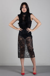 Elisabetta Franchi Abito Midi In Georgette e Pizzo con Ruches AB03567E2 NERO