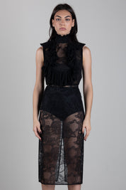 Elisabetta Franchi Abito Midi In Georgette e Pizzo con Ruches AB03567E2 NERO