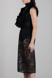 Elisabetta Franchi Abito Midi In Georgette e Pizzo con Ruches AB03567E2 NERO