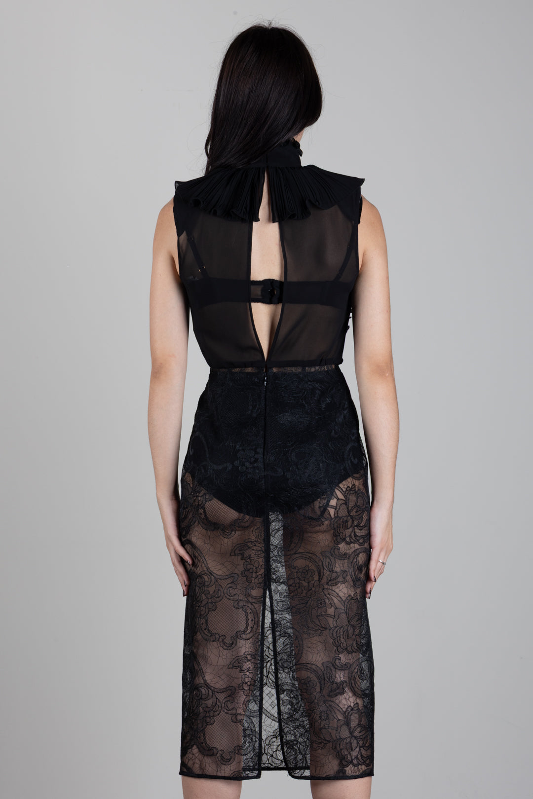 Elisabetta Franchi Abito Midi In Georgette e Pizzo con Ruches AB03567E2 NERO