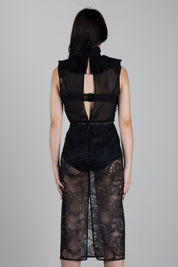 Elisabetta Franchi Abito Midi In Georgette e Pizzo con Ruches AB03567E2 NERO
