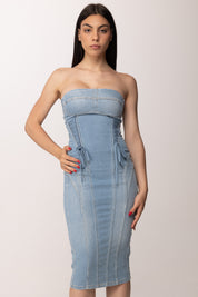Elisabetta Franchi Abito Midi In Jeans con Bustier e Lacci Criss-cross AJ47D61E2 LIGHT BLUE
