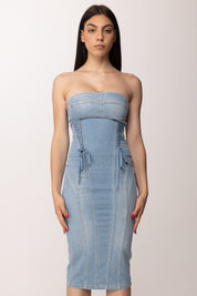 Elisabetta Franchi Abito Midi In Jeans con Bustier e Lacci Criss-cross AJ47D61E2 LIGHT BLUE