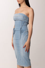 Elisabetta Franchi Abito Midi In Jeans con Bustier e Lacci Criss-cross AJ47D61E2 LIGHT BLUE